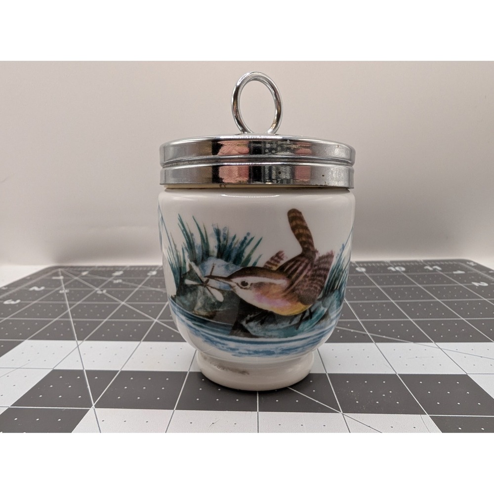 Royal Worcester Porcelain Egg Coddler Birds Pattern Made in England Chrome Lid
